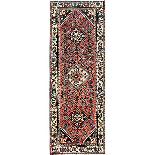 Blush Red, Vintage Persian Hamadan with Geometric Medallions, Worn Out and Distressed, Zero Pile, Clean, Hand Knotted, 100% Wool, Wide Runner, Oriental 
