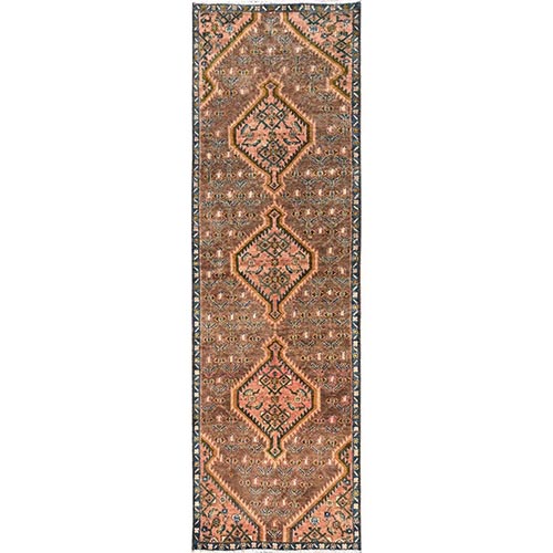 Fenugreek Brown, Vintage Persian Hamadan with Anchored Medallions, Cropped Thin, Even Wear, Zero Pile, Clean, Hand Knotted, 100% Wool, Runner, Oriental 