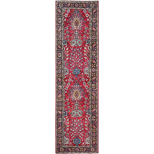 Ajax Red, Vintage Persian Tabriz with Flower Bouquet and Vase Design, Worn Out and Distressed, Zero Pile, Clean, Hand Knotted, 100% Wool, Runner, Oriental 