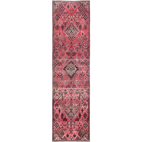 Blush Red, Vintage Persian Joshogan with Geometric Medallions, Worn Out and Distressed, Zero Pile, Clean, Hand Knotted, 100% Wool, Wide Runner, Oriental 