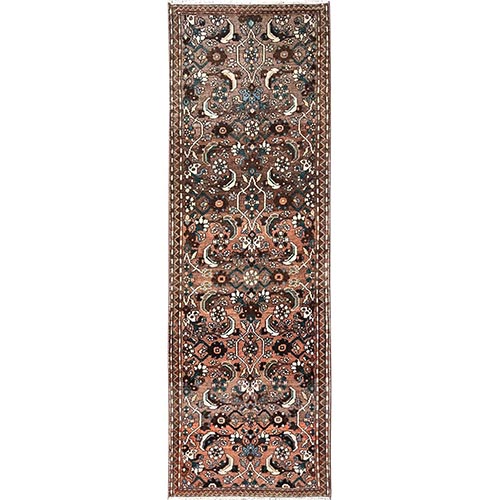 Bole Brown, Vintage Persian Bakhtiar with Distinct Abrash, Sheared Low, Even Wear, 100% Wool, Hand Knotted, Zero Pile, Sides and Ends Professionally Secured, Runner, Oriental 