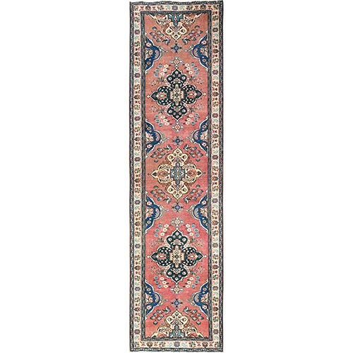 Coral Pink, Vintage Persian Tabriz with Open Field Design, Hand Knotted, Worn Down and Distressed, 100% Wool, Zero Pile, Sides and Ends Professionally Secured, Runner, Oriental 
