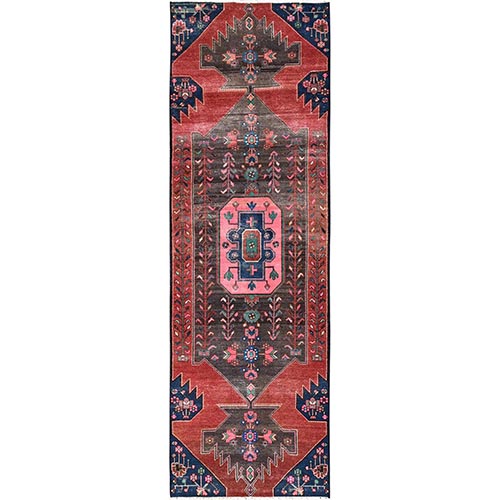 Auburn Red, Vintage Persian Hamadan with Geometric Pattern, Worn Down and Distressed, 100% Wool, Hand Knotted, Zero Pile, Sides and Ends Professionally Secured, Runner, Oriental 