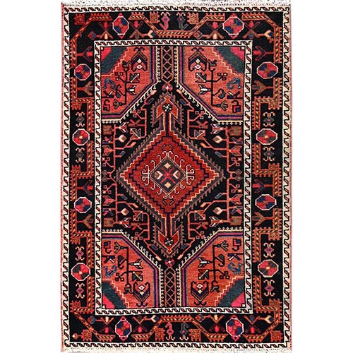Midnight Black, Vintage Persian Nehevand, Cropped Thin, 100% Wool, Hand Knotted, Zero Pile, Sides and Ends Professionally Secured, Mat, Oriental 