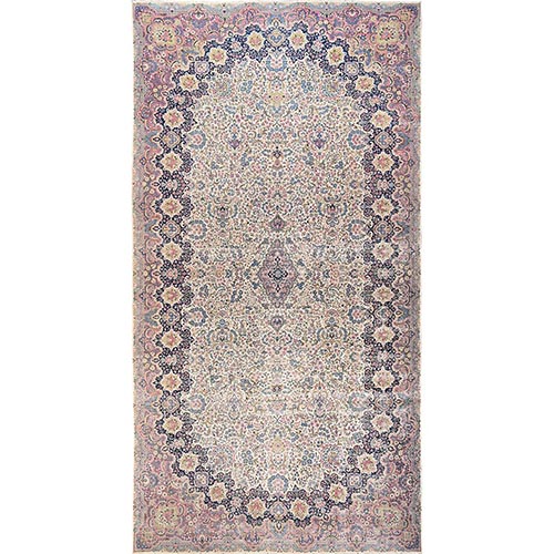 Floral White, Vintage Persian Kerman, Good Condition, Clean and Soft, Even Wear, Long and Narrow, 100% Wool, Hand Knotted, XL, Oversized, Oriental 
