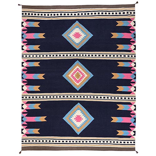 Midnight Blue, Flat Weave, American Indian Southwest Geometric Design, Hand Woven, 100% Wool, Oriental 