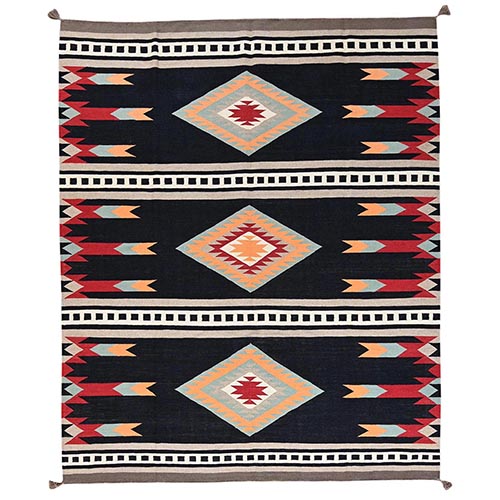 Midnight Black, Flat Weave, American Indian Southwest Geometric Design, Hand Woven, 100% Wool, Oriental 