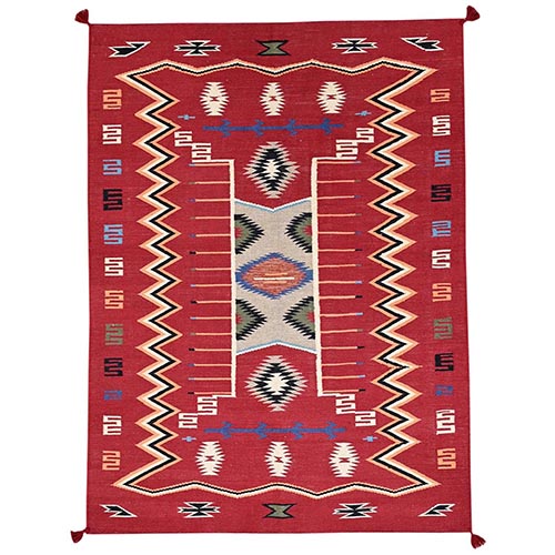 Crimson Red, Flat Weave, American Indian Southwest Geometric Design, Hand Woven, 100% Wool, Oriental 