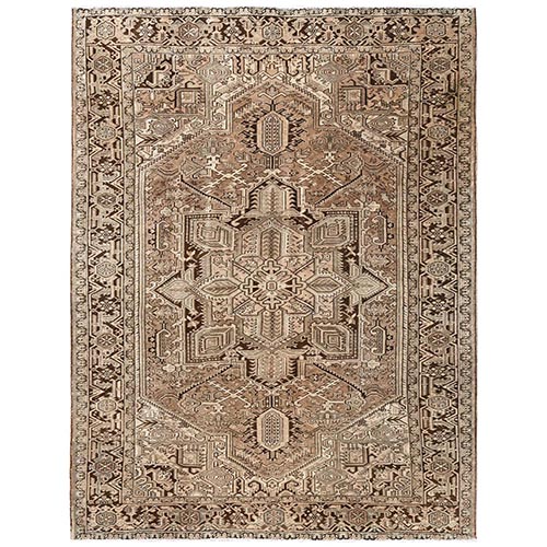 Burro Brown, Vintage and Worn, Persian Heriz with Geometric Medallion Design, Shaved Down, Sides and Ends Professionally Secured, Clean, Hand Knotted, 100% Wool, Oriental 