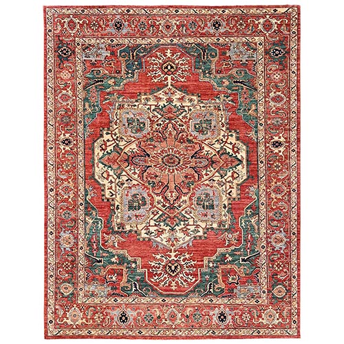 Coral Red, Serapi Heriz with Large Medallion Design, Aryana Collection, Vegetable Dyes, Soft Pile, High Mountain Wool, Hand Knotted, Densely Woven, Oriental 