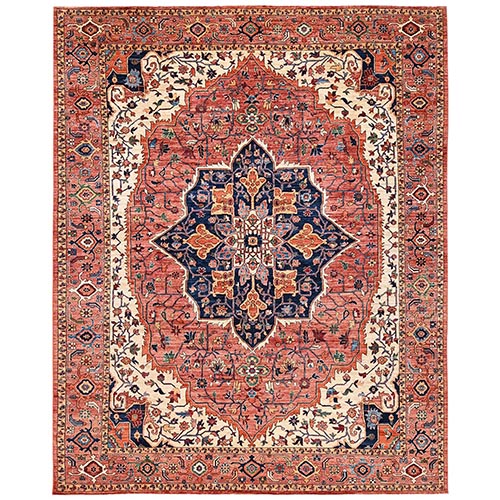 Coral Red, Aryana Collection, Serapi Heriz with Large Medallion Design, Hand Knotted, Vegetable Dyes, High Mountain Wool, Soft Pile, Densely Woven, Oriental 