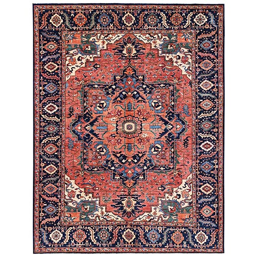 Coral Red, Aryana Collection, Serapi Heriz with Large Medallion Design, Hand Knotted, Vegetable Dyes, High Mountain Wool, Soft Pile, Densely Woven, Oriental 