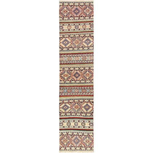 Cream White, Kazak with Khorjin Design, Hand Knotted, Vegetable Dyes, Denser Weave, Pure Wool, Runner, Oriental 