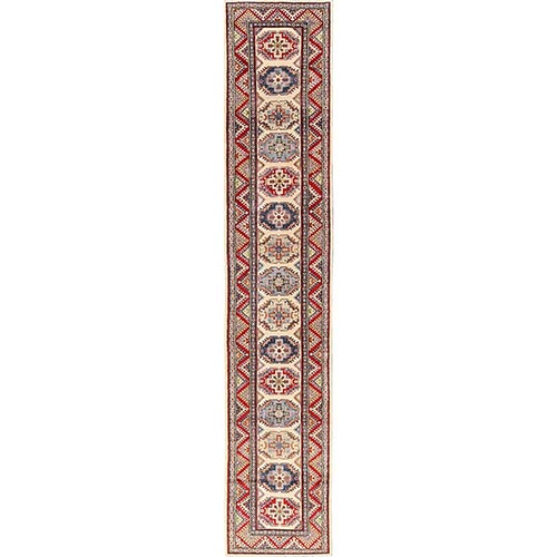 Linen White, Hand Knotted, Kazak with Geometric Medallions Design, Vegetable Dyes, Denser Weave, Pure Wool, XL, Runner, Oriental 