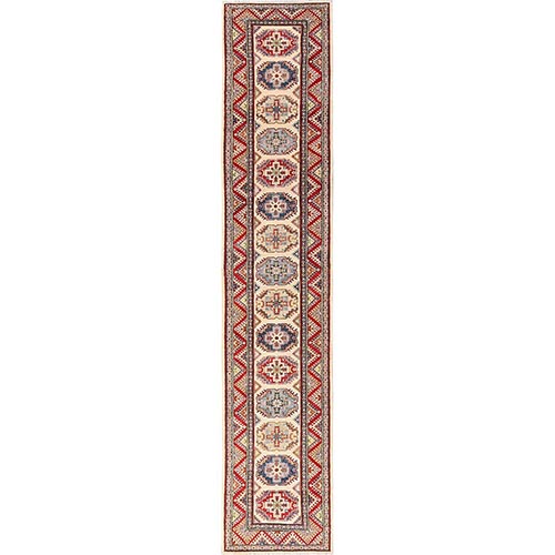 Floral White, Organic Wool, Kazak with Geometric Medallions Design, Hand Knotted, Vegetable Dyes, Denser Weave, XL, Runner, Oriental 