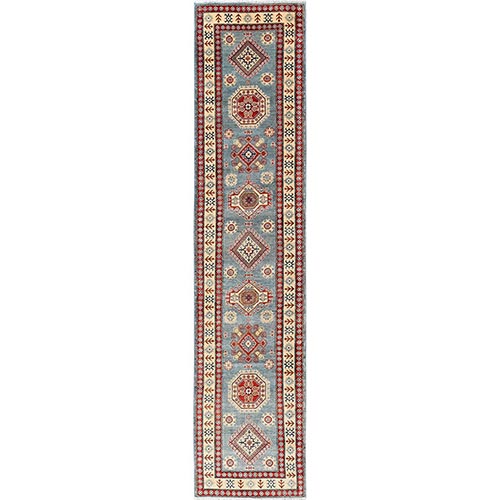 Steel Blue, Hand Knotted, Vegetable Dyes, Kazak with Geometric Medallions Design, Denser Weave, Pure Wool, Runner, Oriental 