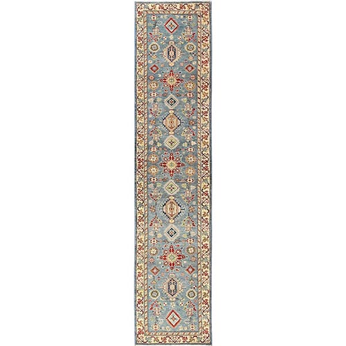 Ballad Blue, Kazak with Geometric Medallions Design, Hand Knotted, Vegetable Dyes, Denser Weave, Natural Wool, Runner, Oriental 