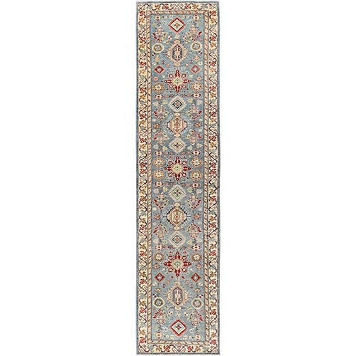 Baby Blue, Vegetable Dyes, Denser Weave, Kazak with Geometric Medallions Design, Hand Knotted, Pure Wool, Runner, Oriental 