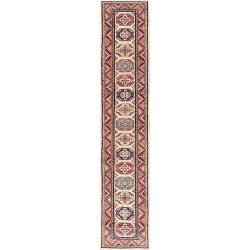 Floral White, Hand Knotted, Pure Wool, Vegetable Dyes, Denser Weave, Kazak with Geometric Medallions Design, XL, Runner, Oriental 