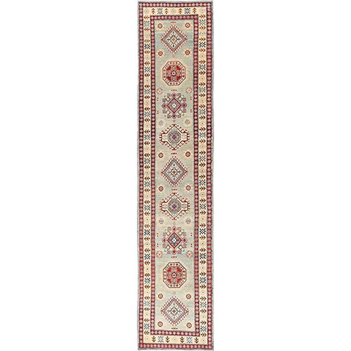 Oyster White, Natural Wool, Vegetable Dyes, Denser Weave, Kazak with Geometric Medallions Design, Hand Knotted, Runner, Oriental 