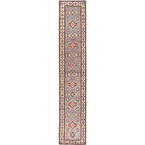 Mirage Gray, Denser Weave, Kazak with Geometric Medallions Design, Hand Knotted, Vegetable Dyes, Organic Wool, XL, Runner, Oriental 