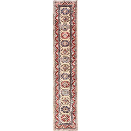 Linen White, Kazak with Geometric Medallions Design, Vegetable Dyes, Denser Weave, Hand Knotted, Pure Wool, XL, Runner, Oriental 