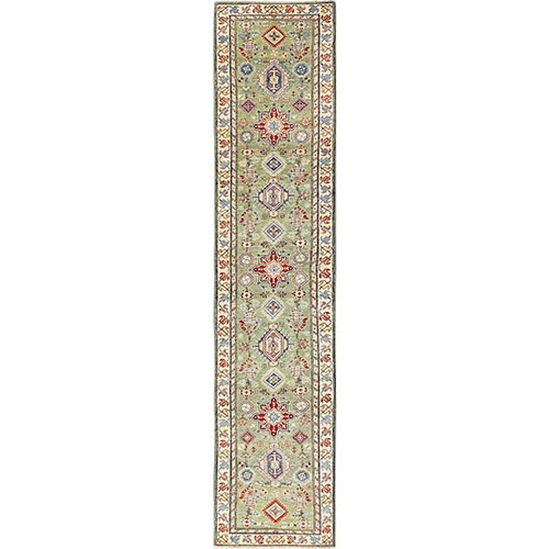 Olive Green, Vegetable Dyes, Denser Weave, Kazak with Geometric Medallions Design, Hand Knotted, Pure Wool, Runner, Oriental 