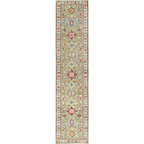 Sage Green, Organic Wool, Vegetable Dyes, Denser Weave, Kazak with Geometric Medallions Design, Hand Knotted, Runner, Oriental 