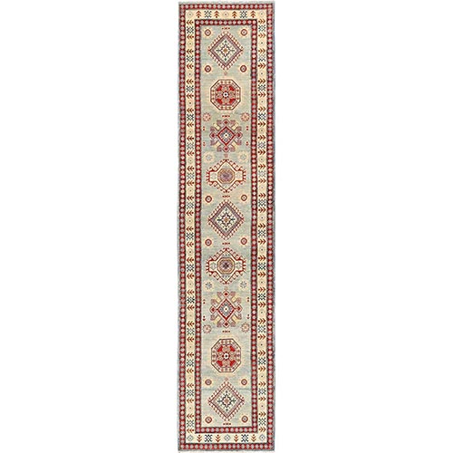 Biscotti White, Hand Knotted, Pure Wool, Vegetable Dyes, Denser Weave, Kazak with Geometric Medallions Design, Runner, Oriental 
