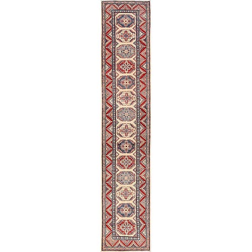 Almond Milk White, Hand Knotted, Pure Wool, Vegetable Dyes, Denser Weave, Kazak with Geometric Medallions Design, XL, Runner, Oriental 