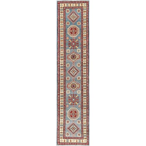 Adriatic Blue, Kazak with Geometric Medallions Design, Hand Knotted, Pure Wool, Vegetable Dyes, Denser Weave, Runner, Oriental 