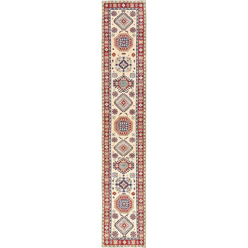 Island Spice White, Hand Knotted, Organic Wool, Vegetable Dyes, Denser Weave, Kazak with Geometric Medallions Design, XL, Runner, Oriental Rug