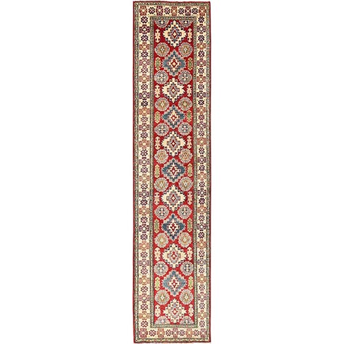 Berry Red, Natural Wool, Vegetable Dyes, Denser Weave, Kazak with Geometric Medallions Design, Hand Knotted, Runner, Oriental Rug