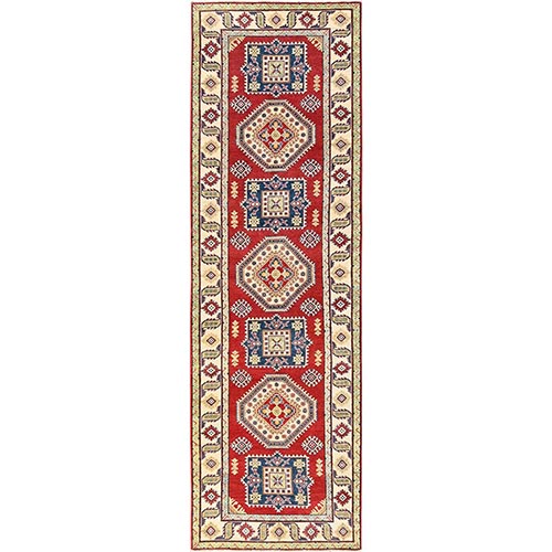 Crimson Red, Kazak with Geometric Medallions Design, Hand Knotted, Pure Wool, Vegetable Dyes, Denser Weave, Wide Runner, Oriental Rug