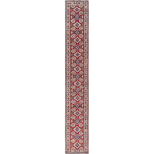 Ruby Red, Organic Wool, Vegetable Dyes, Denser Weave, Hand Knotted Kazak with Geometric Medallions Design, Runner, Oriental 
