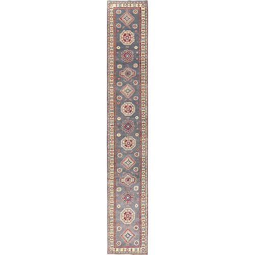Harbor Mist Gray, Hand Knotted, Pure Wool, Vegetable Dyes, Denser Weave, Kazak with Geometric Medallions Design, XL, Runner, Oriental 