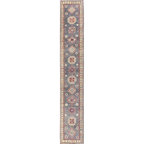 Misty Gray, Vegetable Dyes, Denser Weave, Kazak with Geometric Medallions Design, Hand Knotted, Pure Wool, XL, Runner, Oriental 