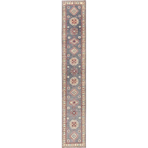 Quiet Gray, Vegetable Dyes, Denser Weave, Kazak with Geometric Medallions Design, Hand Knotted, Pure Wool, XL, Runner, Oriental 