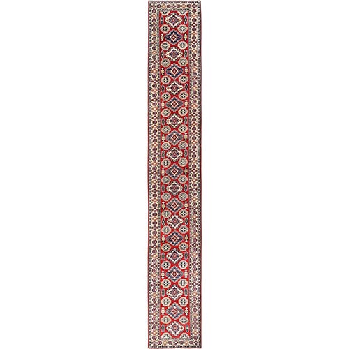 Berry Red, Kazak with Geometric Medallions Design, Hand Knotted, Pure Wool, Vegetable Dyes, Denser Weave, Long and Narrow Runner, Oriental 