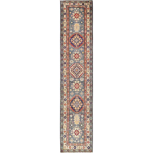 Spanish Gray, Pure Wool, Vegetable Dyes, Denser Weave, Kazak with Geometric Medallions Design, Hand Knotted, Runner, Oriental 