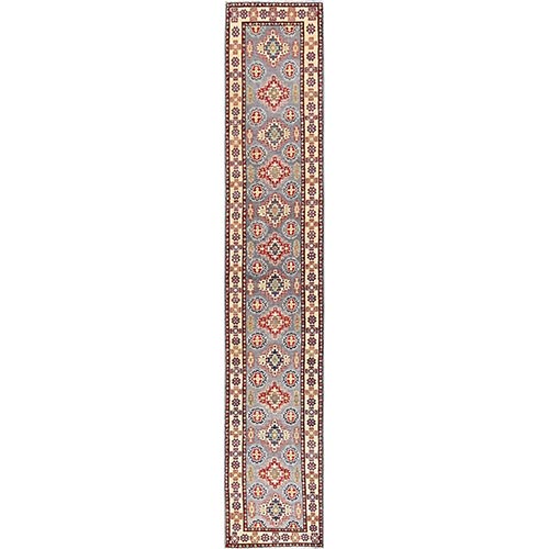 Misty Gray, Kazak with Geometric Medallions Design, Hand Knotted, Pure Wool, Vegetable Dyes, Denser Weave, Long & Narrow Runner, Oriental 