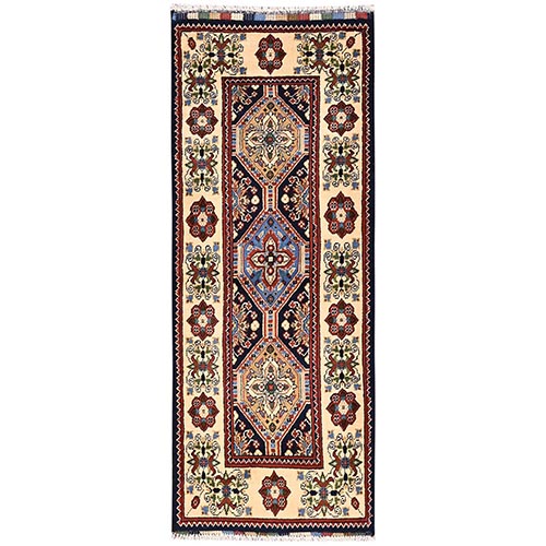 Midnight Blue, Afghan Khalmohdi with Geometric Pattern, Hand Knotted, Natural Wool, Thick and Soft, Short & Narrow Runner, Oriental 