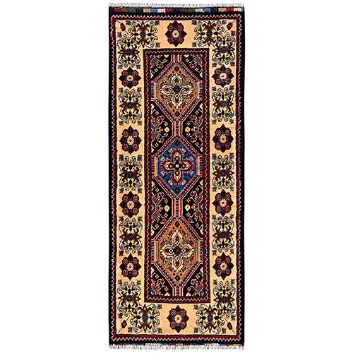 Midnight Blue, Afghan Khalmohdi with Geometric Pattern, Hand Knotted, Natural Wool, Thick and Soft, Short & Narrow Runner, Oriental 