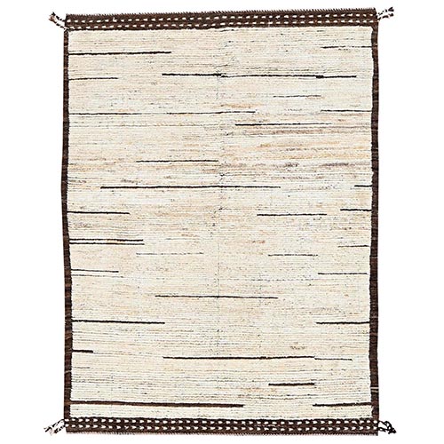 Chiffon White, Moroccan Weave with Lines Design, Tone on Tone, Textured Pile, Undyed Natural Wool, Hand Knotted, Oriental 