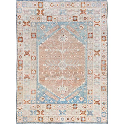 Cantaloupe Orange with Light Blue, Turkish Knot, Sheared Low, Pure Wool, Zero Pile, Anatolian Village Design, Hand Knotted, Oriental 