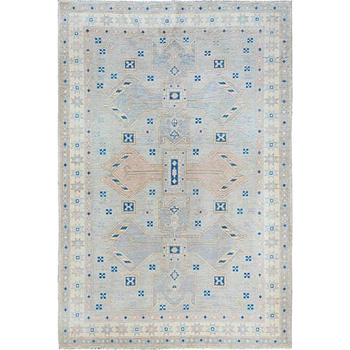Medium Gray, Pure Wool, Turkish Knot, Sheared Low, Zero Pile, Anatolian Village Design, Hand Knotted, Oriental 