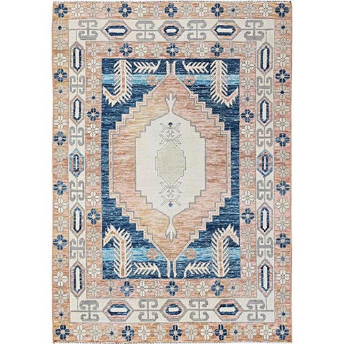 Peach Color with Imperial Blue, Turkish Knot, Zero Pile, Sheared Low, Anatolian Village Design, Hand Knotted, Pure Wool, Oriental 
