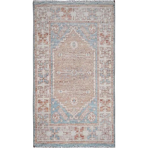 Light Blue with Peach Color, Turkish Knot, Zero Pile, Sheared Low, Anatolian Village Design, Hand Knotted, Pure Wool, Mat, Sample, Oriental 