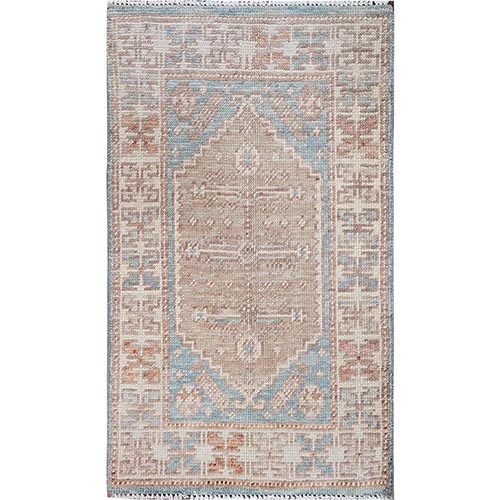 Cerulean Blue, Anatolian Village Design, Turkish Knot, Zero Pile, Sheared Low, Hand Knotted, Pure Wool, Mat, Sample, Oriental 