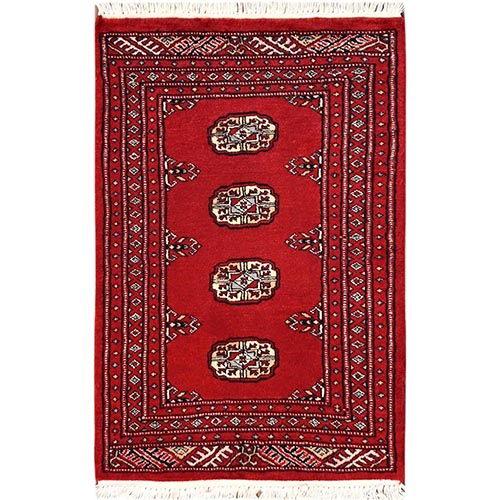 Chili Red, Hand Knotted, Princess Bokara with Tribal Medallions, Soft and Velvety Wool, Mat, Sample, Oriental 